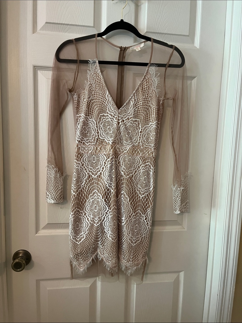 Luxxel Nude Mini Dress with White Lace Overlay